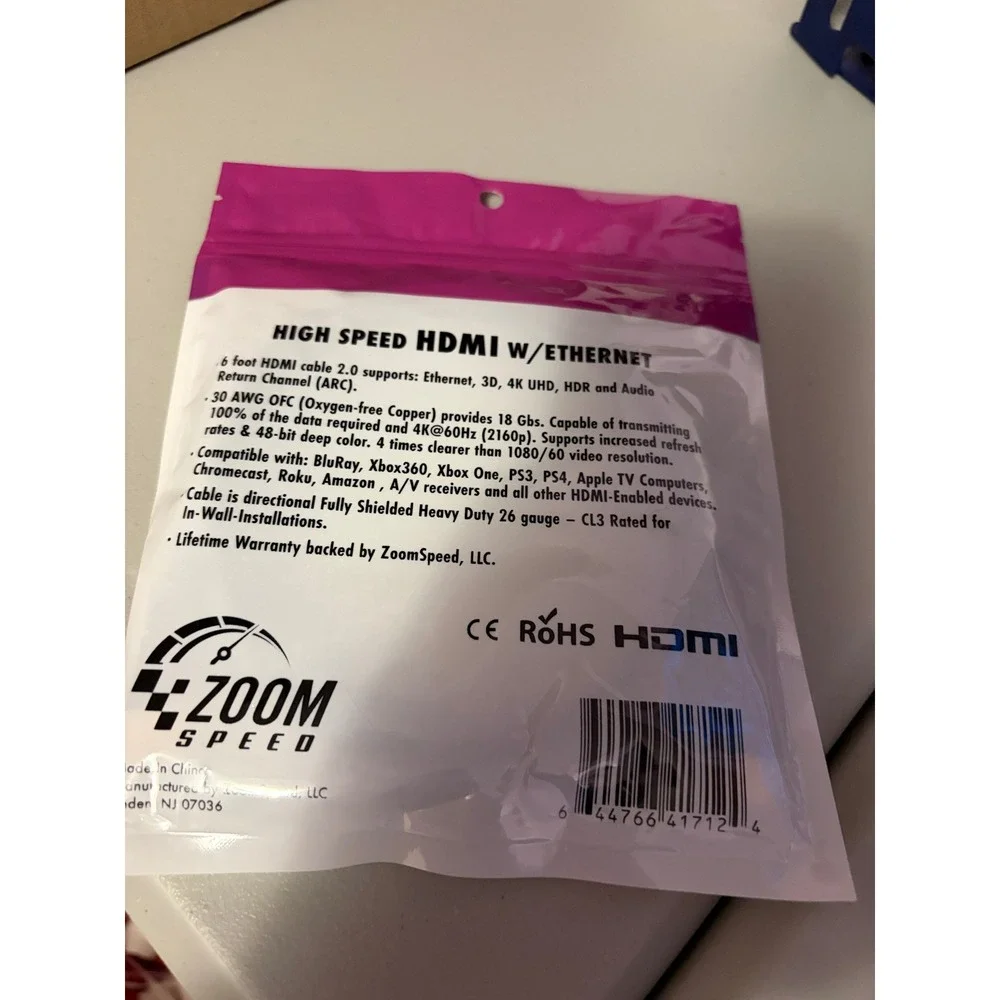Zoom Speed 6 Foot High Speed HDMI Cable with Ethernet 4K Ultra HD 3D